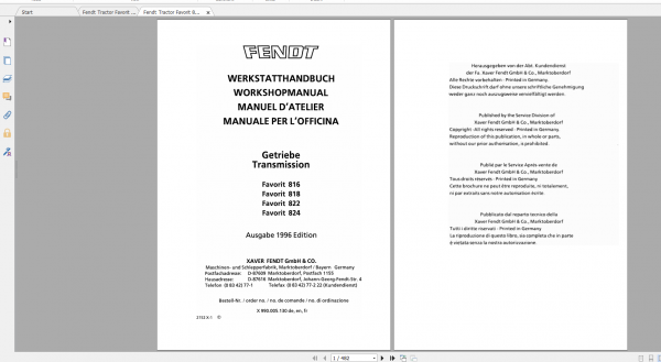 Fendt Tractor Favorit 800 Com1 VIN 816 824 Workshop Manual EN 1