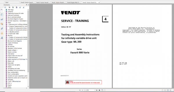 Fendt Tractor Favorit 900 Vario Com1 VIN 916 926 Operation Manual Workshop Manual EN 2