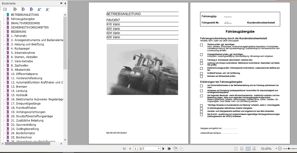 Fendt Tractor Favorit 900 Vario Com1 VIN 916 926 Operator Technical Data Workshop Manual German 1