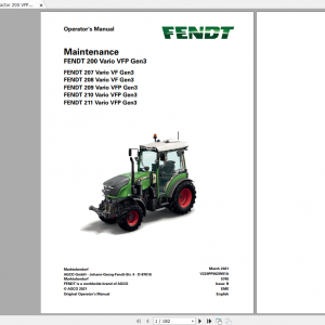 Fendt Tractor Fendt 200 Vario VFP Gen3 VIN 215 220 223 229 200 202 Maintenance Operator Manual EN 1