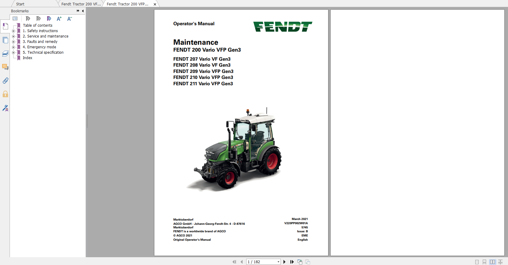 Fendt Tractor Fendt 200 Vario VFP Gen3 VIN 215 220 223 229 200 202 Maintenance Operator Manual EN 1