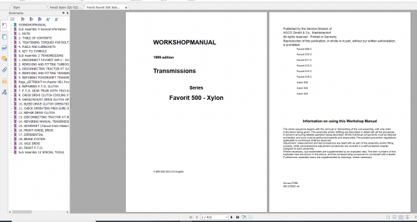 Fendt Tractor Xylon VIN 520 524 Operation Manual Workshop Manual EN 3