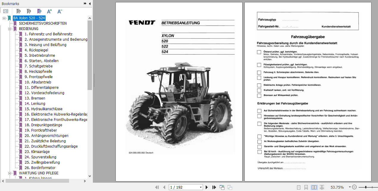 Fendt Tractor Xylon VIN 520 524 Operator Technical Data Workshop Manual German 1