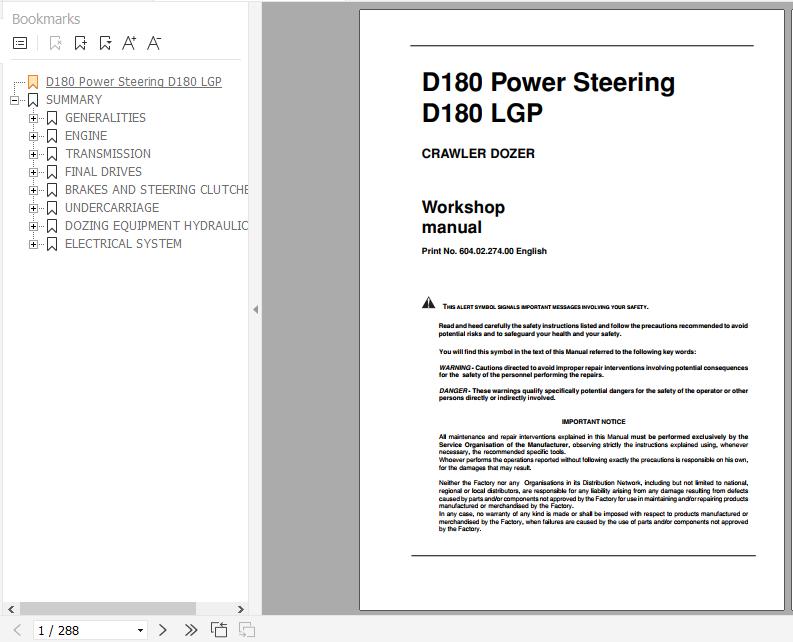 Fiat Hitachi Crawler Dozer D180 LGP Power Steering Workshop Manual 1