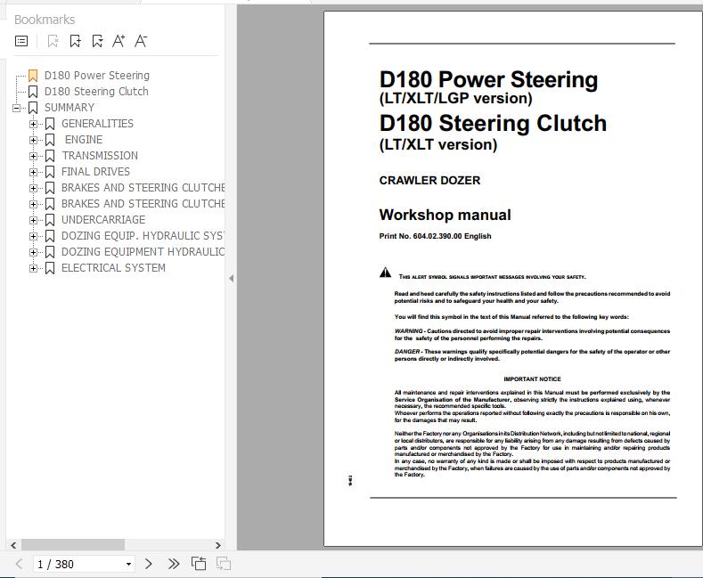 Fiat Hitachi Crawler Dozer D180 LT XLT LGP Workshop Manual 1