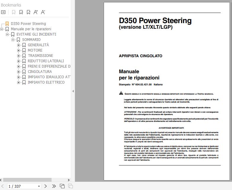 Fiat Hitachi Crawler Dozer D350 LT XLT LGP Power Steering Repair Manual IT 1
