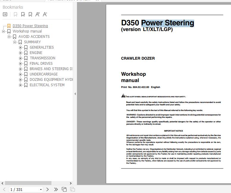 Fiat Hitachi Crawler Dozer D350 LT XLT LGP Power Steering Workshop Manual 1