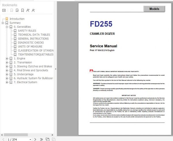 Fiat Hitachi Crawler Dozer FD255 Service Manual 1