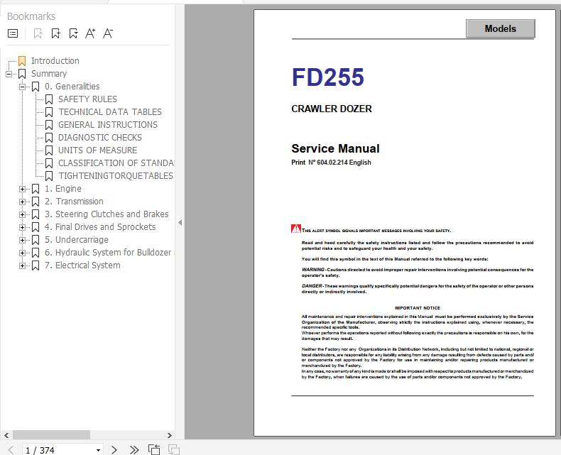 Fiat Hitachi Crawler Dozer FD255 Service Manual 1