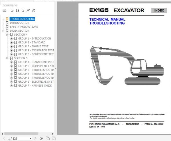 Fiat Hitachi Excavator EX165 Troubleshooting Technical Manual 1