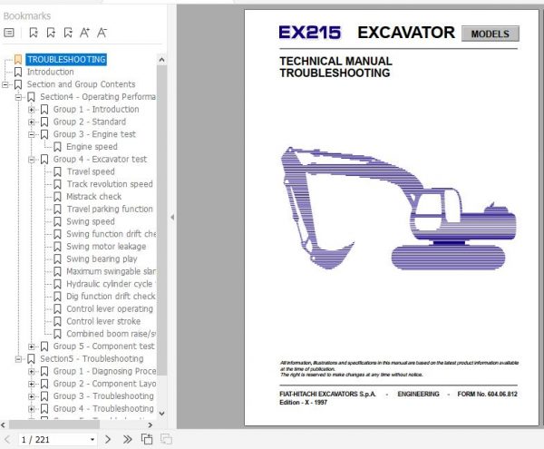 Fiat Hitachi Excavator EX215 Troubleshooting Technical Manual 1