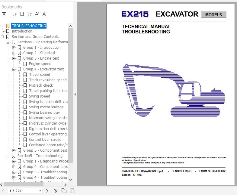 Fiat Hitachi Excavator EX215 Troubleshooting Technical Manual 1
