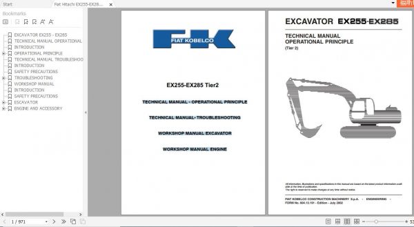 Fiat Hitachi Excavator EX255 EX285 Tier 2 Workshop Manual 1