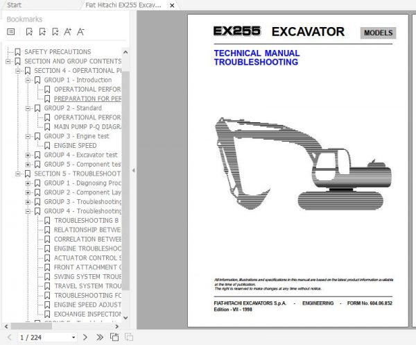 Fiat Hitachi Excavator EX255 Troubleshooting Technical Manual 1