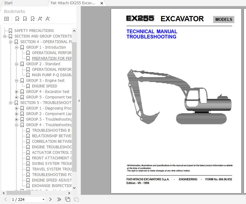 Fiat Hitachi Excavator EX255 Troubleshooting Technical Manual 1
