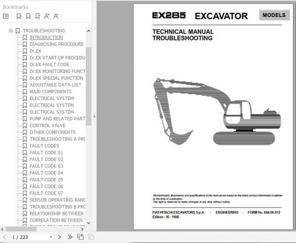 Fiat Hitachi Excavator EX285 Troubleshooting Technical Manual 1