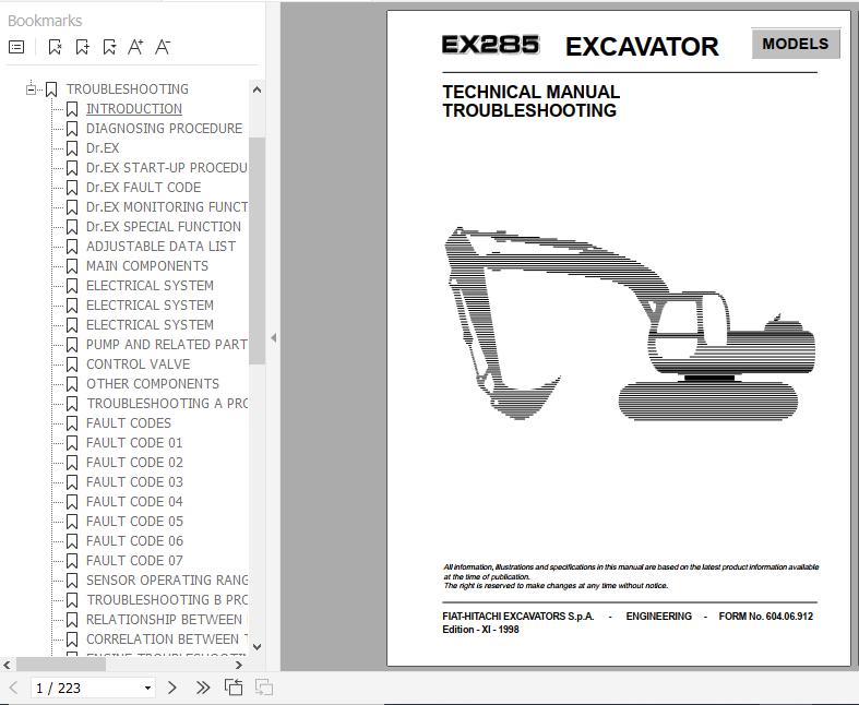 Fiat Hitachi Excavator EX285 Troubleshooting Technical Manual 1