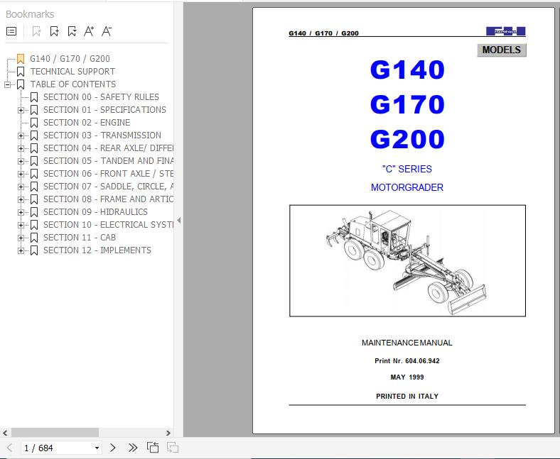 Fiat Hitachi Motor Grader G140 G170 G200 Maintenance Manual 1