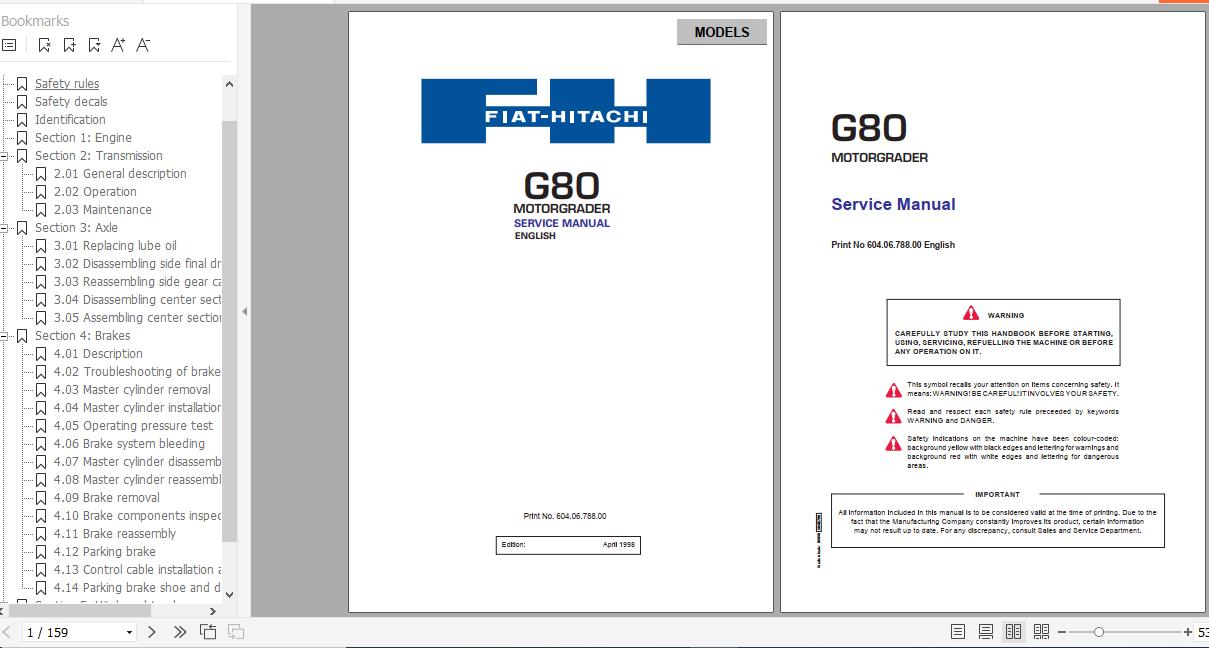 Fiat Hitachi Motor Grader G80 Service Manual 1