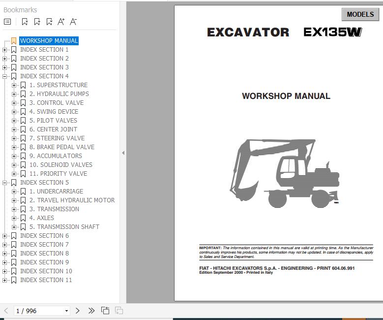 Fiat Hitachi Wheel Excavator EX135W Workshop Manual 1