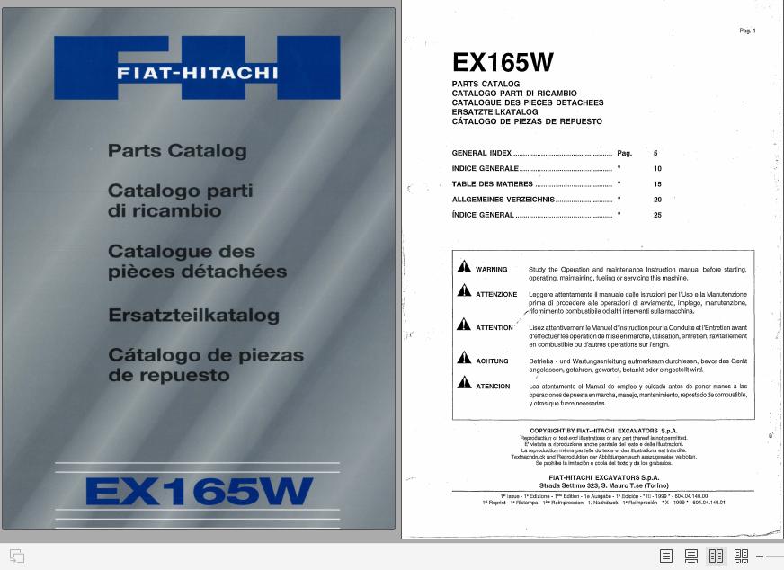 Fiat Hitachi Wheel Excavator EX165W Parts Catalog IT EN ES FR DE 1