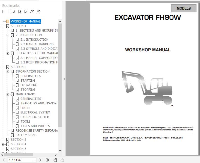 Fiat Hitachi Wheel Excavator FH90W Workshop Manual 1