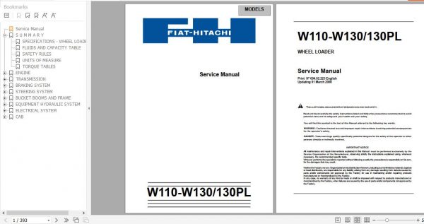 Fiat Hitachi Wheel Loader W110 W130 W130PL Service Manual 1 1