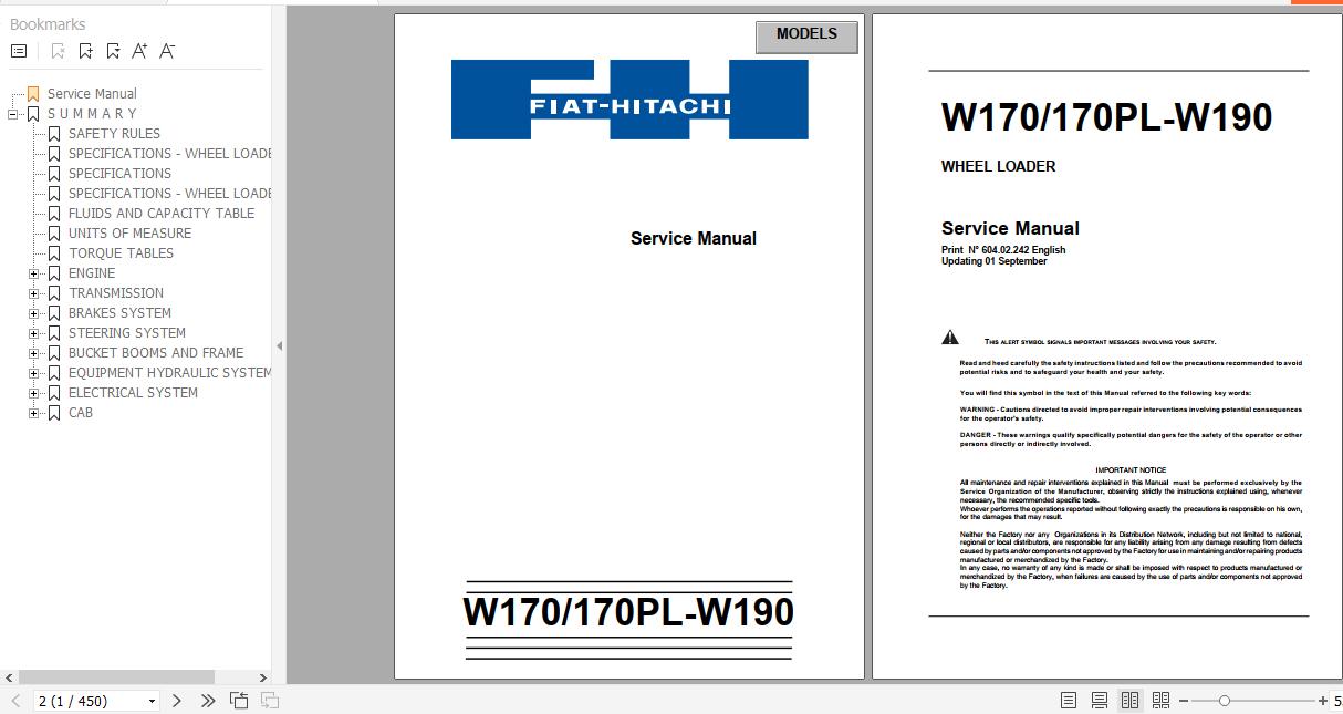Fiat Hitachi Wheel Loader W170 W170PL W190 Service Manual 1 2