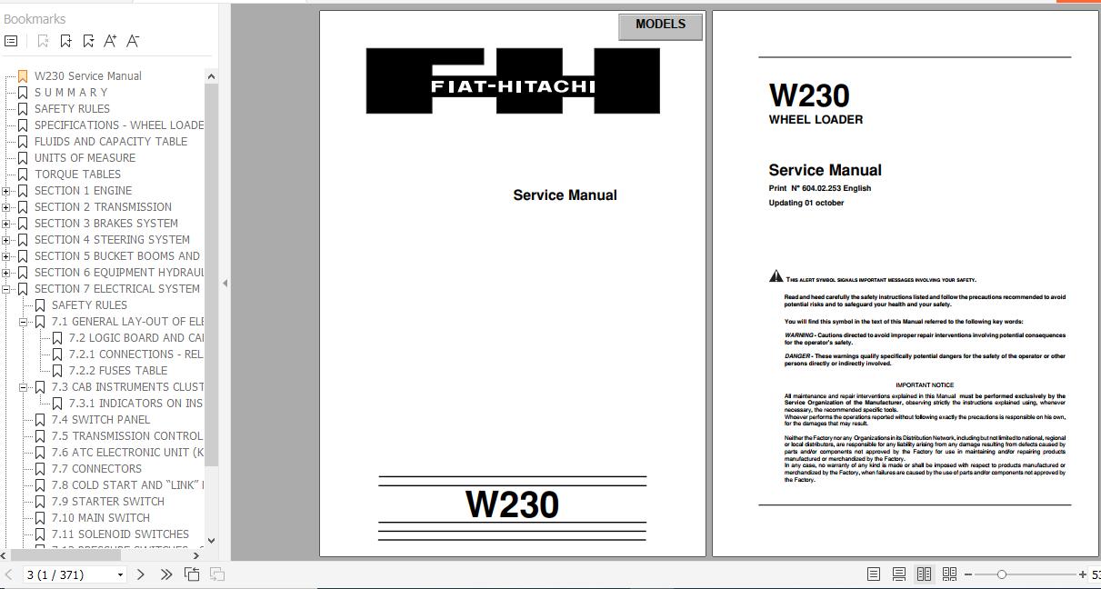 Fiat Hitachi Wheel Loader W230 Service Manual 1 1