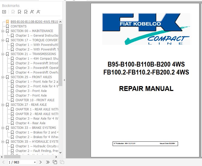 Fiat Kobelco Backhoe Loader B95 B100 B110 B200 4WS Repair Manual ENDEFRITES