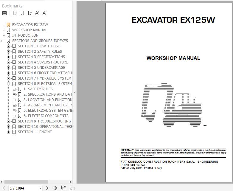 Fiat Kobelco Excavator EX125W Workshop Manual 1