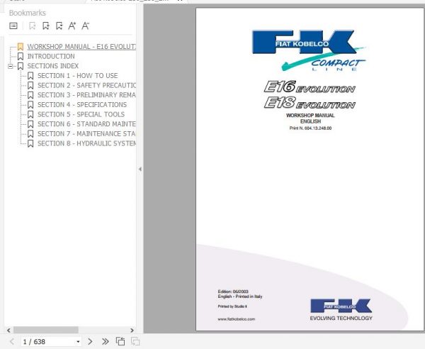 Fiat Kobelco Mini Excavator E16 E18 EVOLUTION Workshop Manual 1