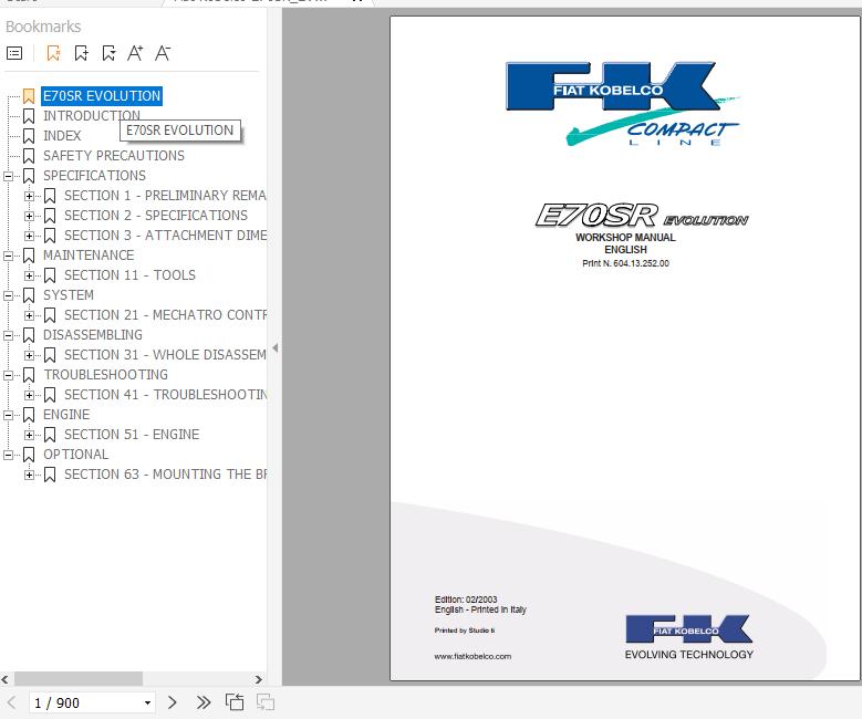Fiat Kobelco Mini Excavator E70SR EVOLUTION Workshop Manual 1
