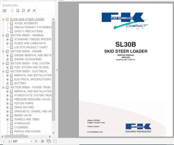 Fiat Kobelco Skid Steer Loader SL30B Service Manual 1