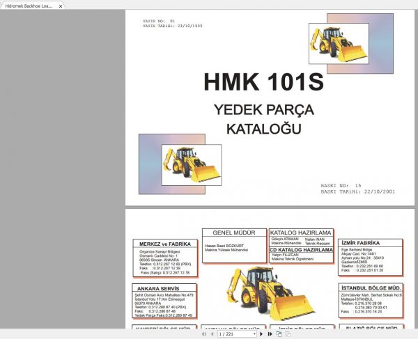 Hidromek Backhoe Loader HMK 101S 1999 2001 Spare Parts Catalog Turkish EN PDF 1