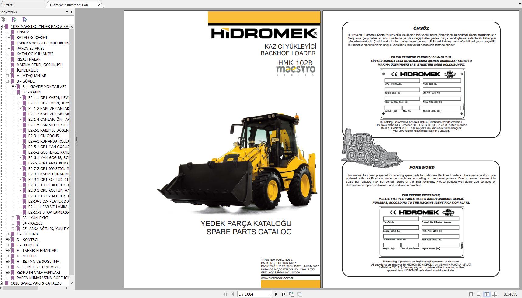 Hidromek Backhoe Loader HMK 102B MAESTRO ITL PRKS TIER 2 Spare Parts Catalog Turkish EN PDF 1
