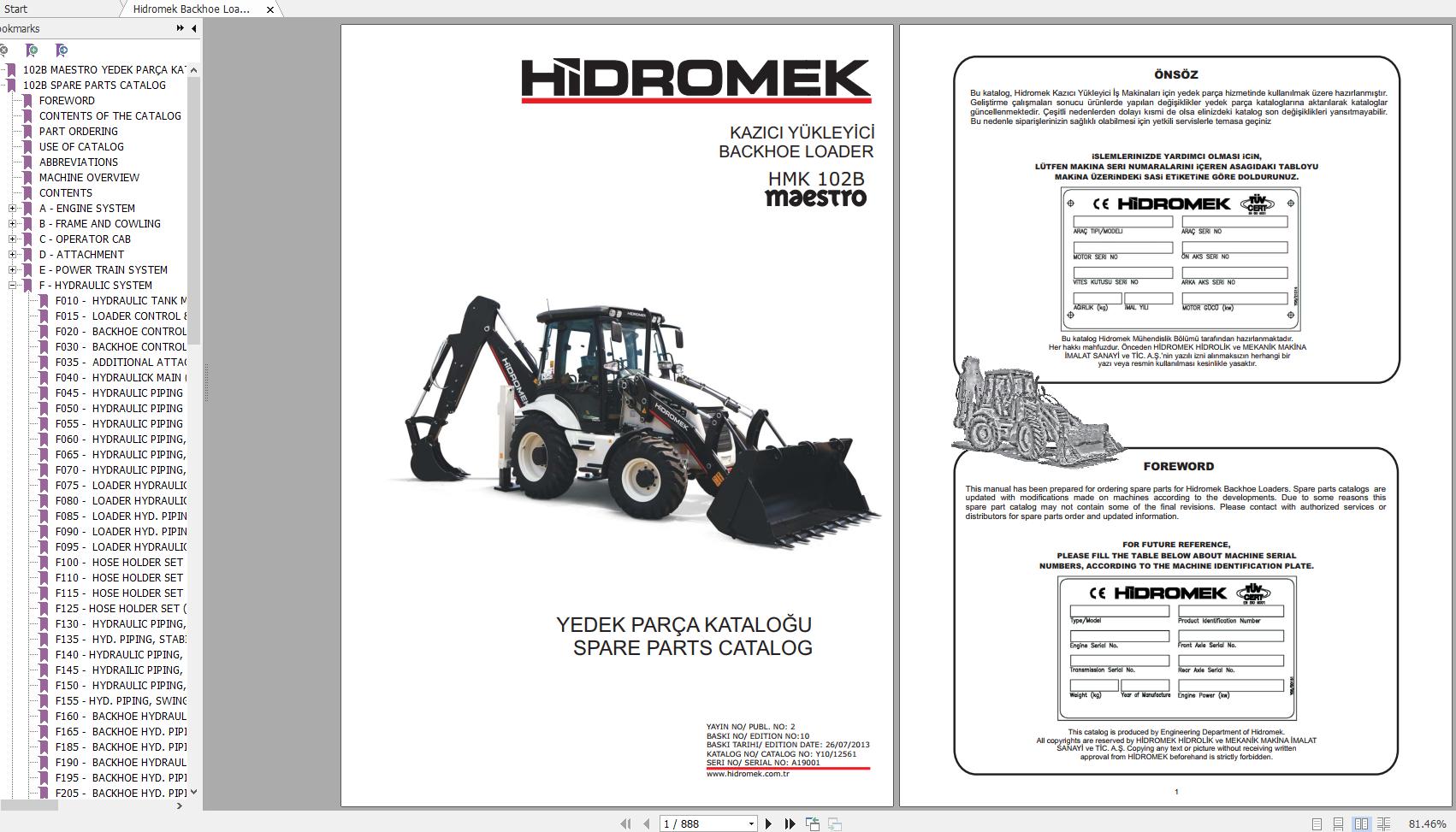 Hidromek Backhoe Loader HMK 102B MAESTRO JD ZF Spare Parts Catalog Turkish EN PDF 1