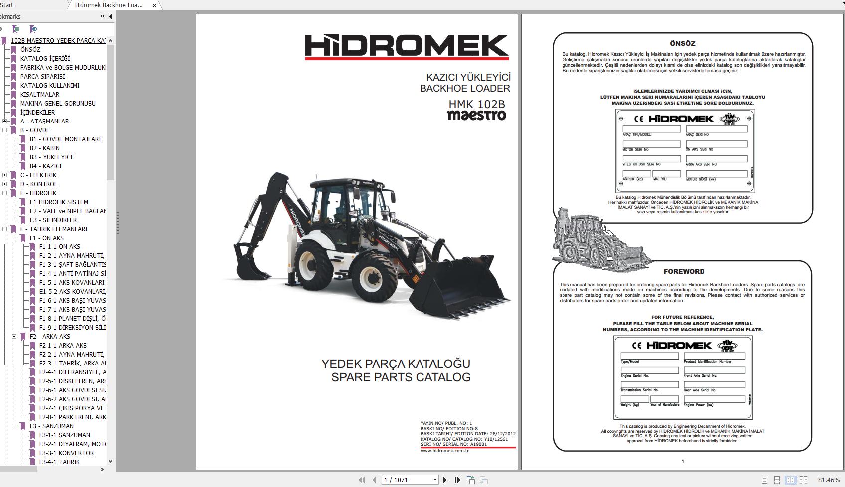 Hidromek Backhoe Loader HMK 102B MAESTRO ZF JD TIER3 Spare Parts Catalog Turkish EN PDF 1