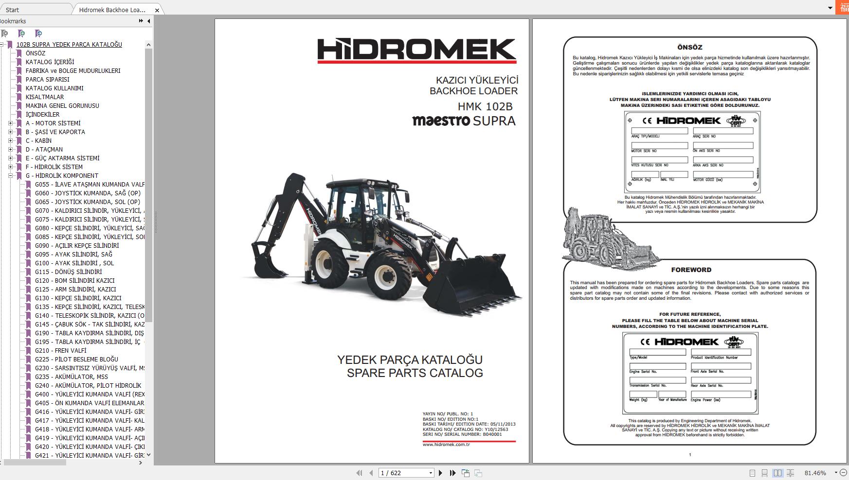 Hidromek Backhoe Loader HMK 102B SUPRA Spare Parts Catalog Turkish EN PDF 1