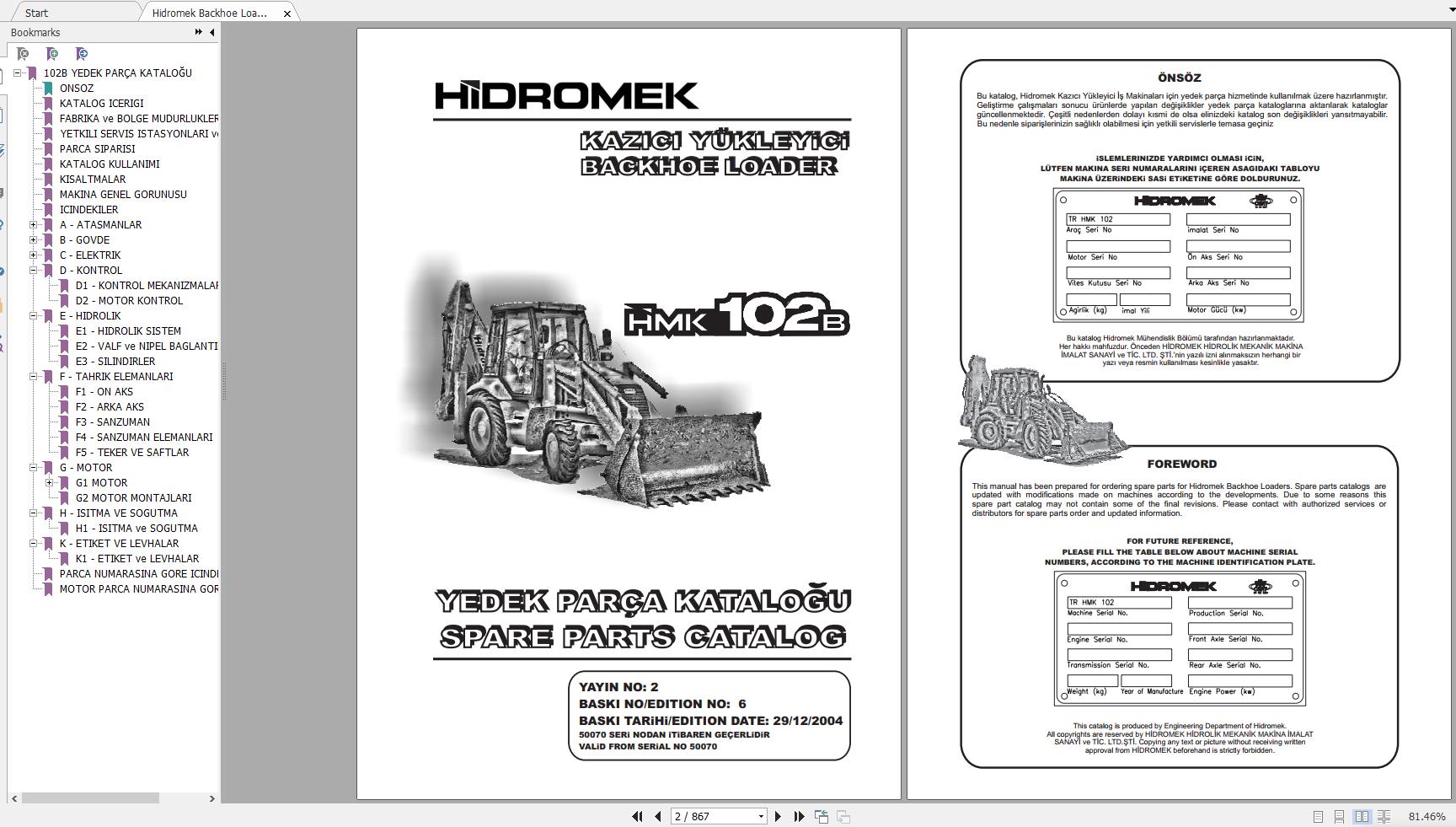 Hidromek Backhoe Loader HMK 102B TURKCE Spare Parts Catalog Turkish EN PDF 1