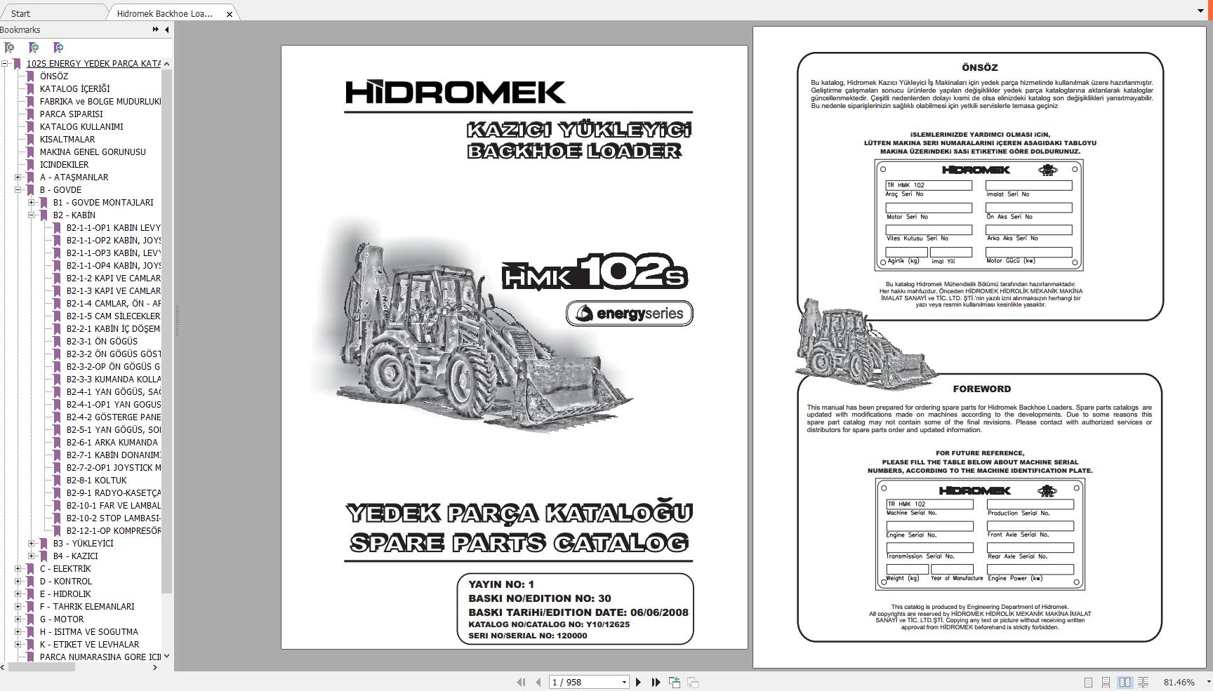 Hidromek Backhoe Loader HMK 102S ENERGY ITL PERKINS TIER 2 Spare Parts Catalog Turkish EN PDF 1