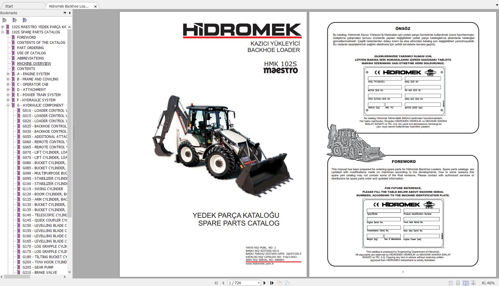 Hidromek Backhoe Loader HMK 102S MAESTROPERKINS ZFCR Spare Parts Catalog 1