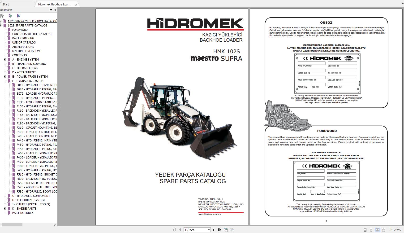 Hidromek Backhoe Loader HMK 102S SUPRA PREMIUM Spare Parts Catalog 1
