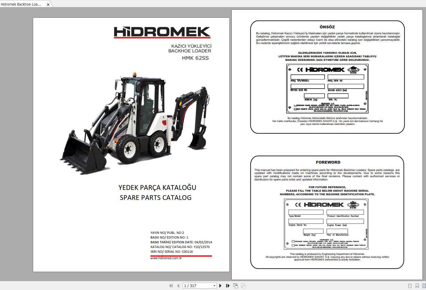 Hidromek Backhoe Loader HMK 62SS 05022014 Spare Parts Catalog Turkish EN PDF 1
