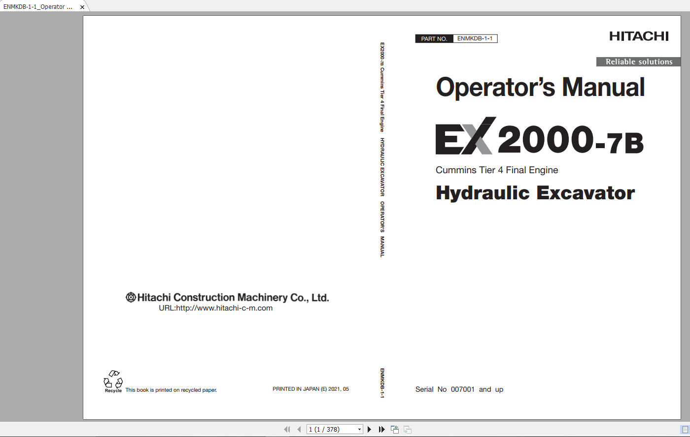 Hitachi Hydraulic Excavator Mining EX2000 7B Cummins Tier 4 Final Engine Operator Manual 1