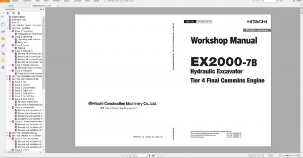 Hitachi Hydraulic Excavator Mining EX2000 7B Workshop Manual Tier 4 Final Cummins Engine
