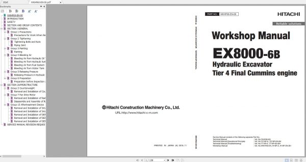 Hitachi Hydraulic Excavator Mining EX8000 6B WKHF60 EN 00 Tier 4 Final Cummins Engine Workshop Manual 1