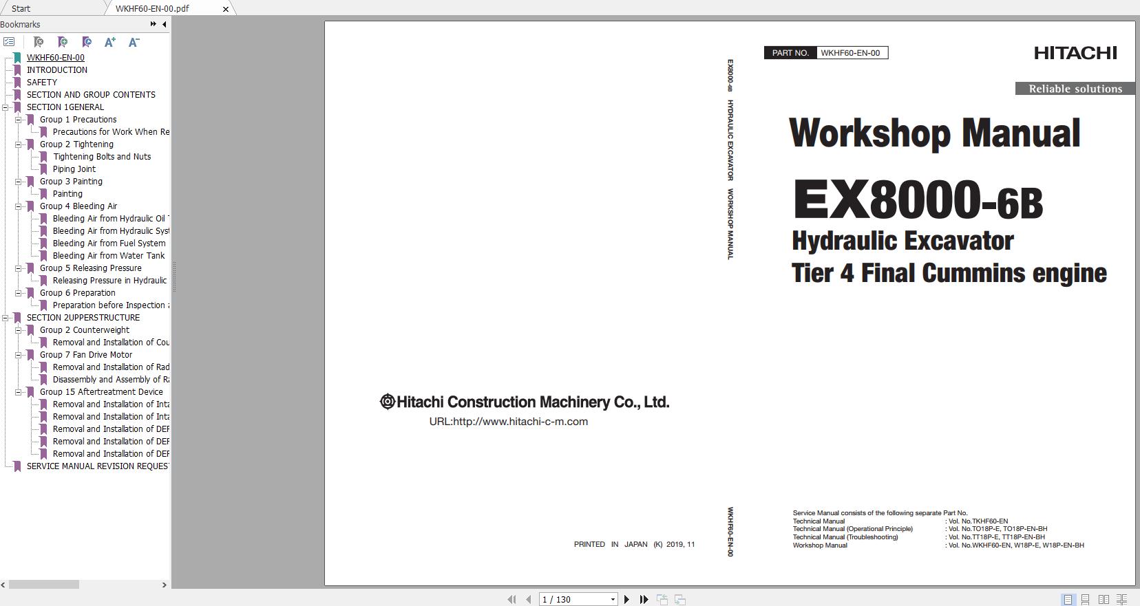 Hitachi Hydraulic Excavator Mining EX8000 6B WKHF60 EN 00 Tier 4 Final Cummins Engine Workshop Manual 1