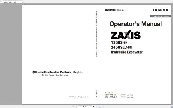 Hitachi Hydraulic Excavator ZX135US 6N ZX245USLC 6N Operators Manual 1