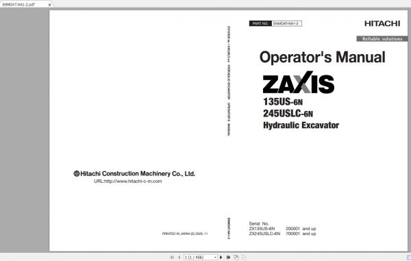 Hitachi Hydraulic Excavator ZX135US 6N ZX245USLC 6N Operators Manual 2